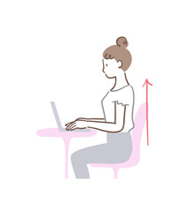正しい姿勢で椅子に座ってパソコンを操作する女性のイラスト素材