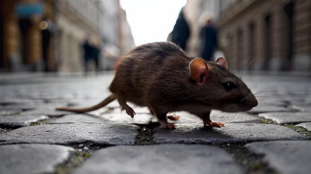Brown rat walking on cobblestone street in urban environment with people in the background, slow motion footage, symbolizing urban wildlife.