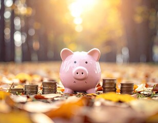 Pink piggy bank surrounded by coins and autumn leaves