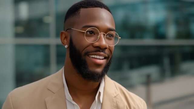 Smiling african male adult in glasses and beige blazer outdoors