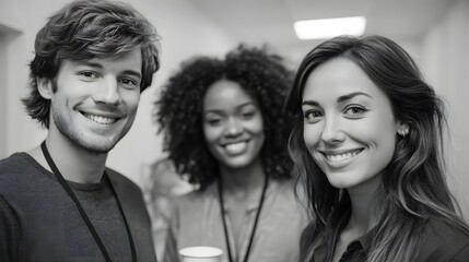 Obraz premium Three diverse smiling individuals pose together in a bright indoor setting