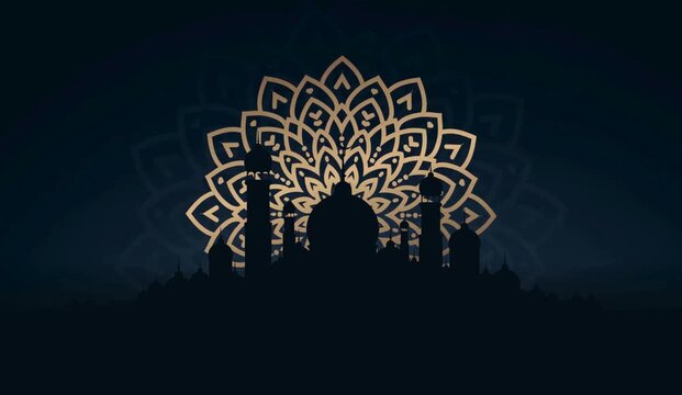 Animated Islamic Mosque Silhouette with Rotating Golden Mandala Background