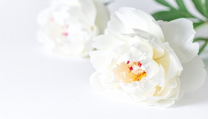 Two delicate white peonies bloom, soft focus background