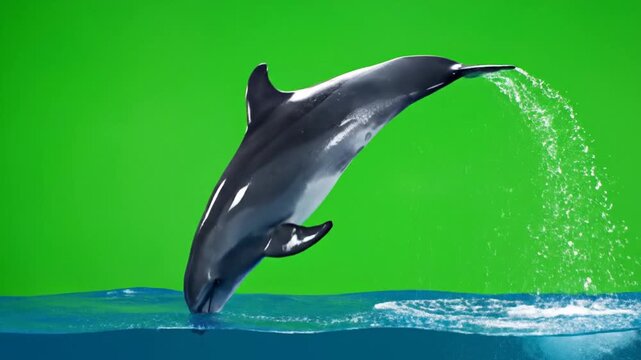 A dolphin leaps gracefully from the blue water, creating a splash, against a vibrant green screen background, ready for compositing.