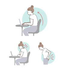 猫背が原因で肩や腰を痛める女性のイラストセット