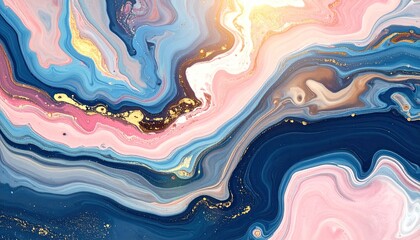 Fluid swirls of blue, pink, and gold create a marbled texture