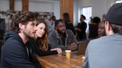 A diverse group of people engaged in a collaborative meeting around a wooden table in a modern office setting discussing ideas with a laptop