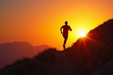 Fototapeta premium Trail Runner Silhouette at Sunset - Inspirational Athletic Achievement Concept Wide Screen