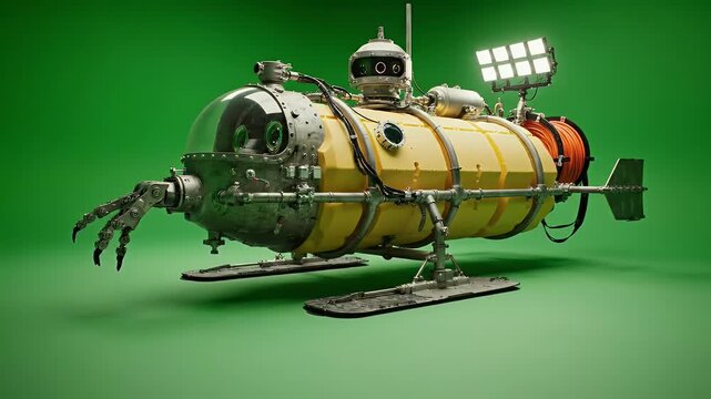 A detailed render of a submarine-like machine with a hand and a light, set against a green background