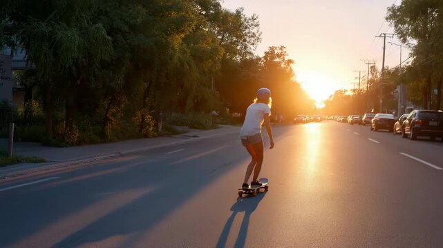 Young caucasian female skateboarding at sunset on a tree-lined street
