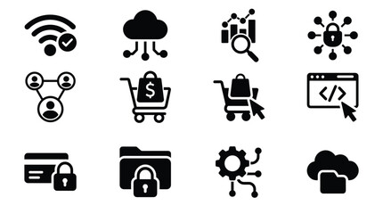 Business technology and data security icon set for cloud computing and online shopping