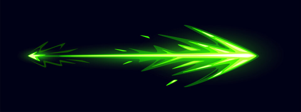 Cartoon glowing green game gun vfx effect magic power light wave or wizard glow. Sorcerer magical arrow attack, fantasy spell or blast energy. Vector abstract flow with neon sparkle, trail and glow