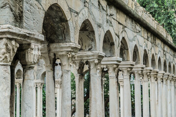 Fototapeta premium Stone columns support elegant arches, inviting exploration through beautiful, overgrown ruins