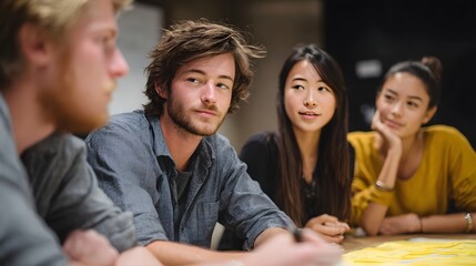 Fototapeta premium A diverse group of young adults engaged in a collaborative discussion around a table fostering ideas and teamwork in a modern setting