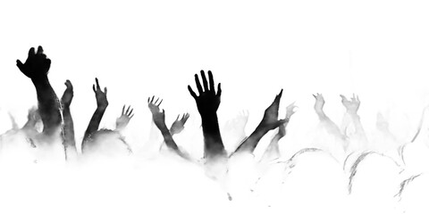 Obraz premium Silhouette of multiple hands reaching up from fog on transparent background