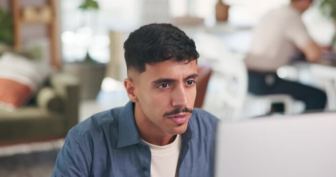 Reading, computer and businessman in office with research for software development project. Technology, professional and programmer with coding for cybersecurity website with programming in workplace