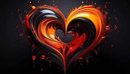 Fiery heart shape formed by swirling black, red, orange liquid