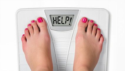 Top-down view of bare feet on a digital scale displaying &ldquo;HELP!&rdquo;, conveying humor, weight anxiety, or health concern in a minimalist, white setting.