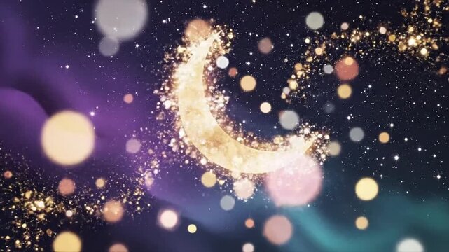 Crescent Moon in a Starry Night Sky with Bokeh Lights Animation