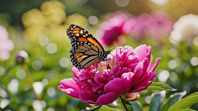 Monarch butterfly gracefully flits from a pink peony flower in a lush garden on a sunny day