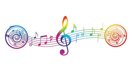 Vibrant multi-colored music staff swirl with flowing melody notes