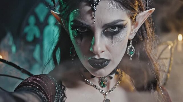 Gothic fae in ornate costume with dark makeup stares intensely at the viewer with an ominous aura in a mysterious setting