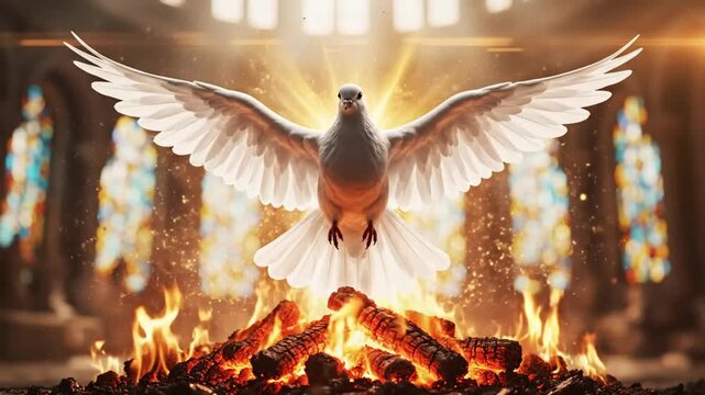 Symbolic Dove Descends Above a Fiery Altar with Lit Logs and Stained Glass Window Background