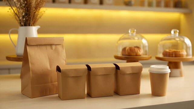 Cafe setting with paper bags, pastries, and coffee cup on display.