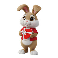 Cute cartoon bunny holding red heart gift.