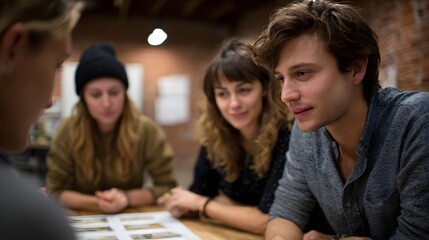 Obraz premium A diverse group of young professionals engaged in a focused discussion around a table with documents in a modern office setting