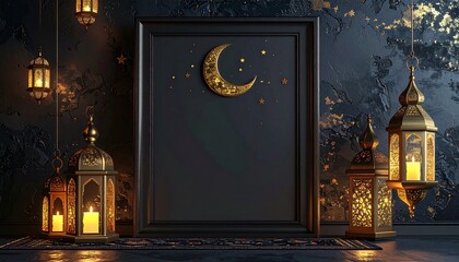 Black empty photo frame mockup with golden lanterns and crescent moon on dark floor, Ramadan or Eid greeting template