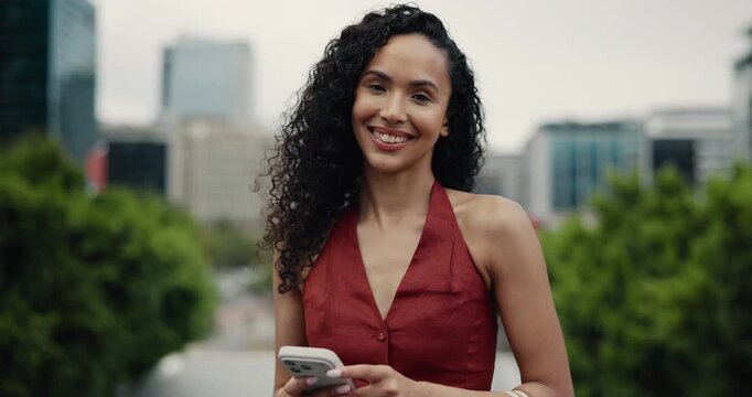 City, face and phone with business woman outdoor to search map for directions to office building. App, commute and smile of employee person in urban town for social media browsing or text message