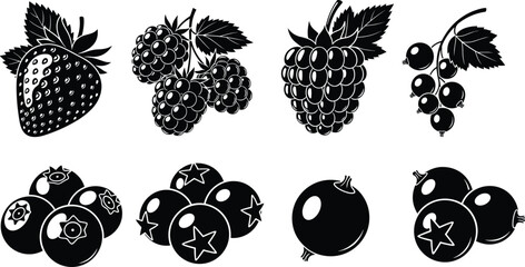 Fresh berry icon set including strawberry, blackberry, raspberry, blueberry, and currant silhouettes, nature food elements, cad drawing flat vector illustration © MDMOHOBBAT