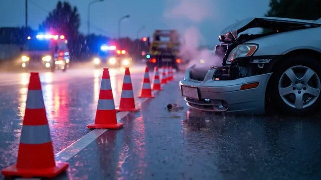 Traffic Cones Warning on Wet Street at Accident Scene