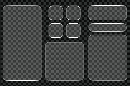 Modern transparent frame with 3d glass button shapes for ui design and morphism style. Glossy interface elements highlight smooth button concept and glass morphism aesthetics