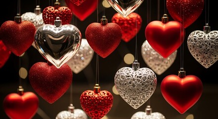 Elegant assortment of heart-shaped decorations hanging in vibrant colors and textures.