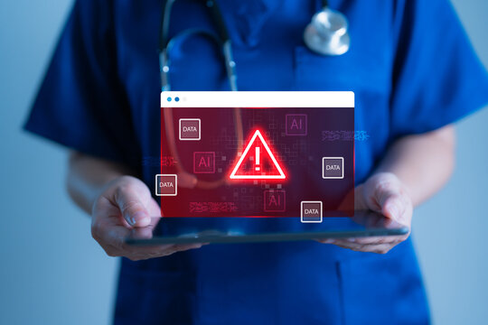 Doctor holding tablet with red warning alert on medical data interface. Doctor using indicating AI system error or cyber breach. Health tech, cybersecurity, risk management and digital alerts concept.