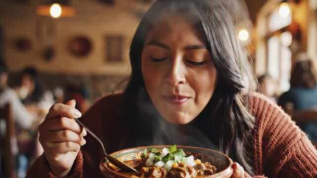 Woman enjoys a flavorful bowl of traditional Mexican stew at a restaurant with steam rising