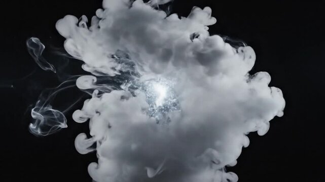 Abstract white cloud explosion forming on black background, showcasing dynamic smoke swirling effect, creative motion
