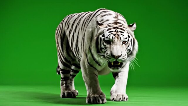 A majestic white tiger with striking black stripes walks directly towards the viewer, its mouth slightly open, against a vibrant green screen background.