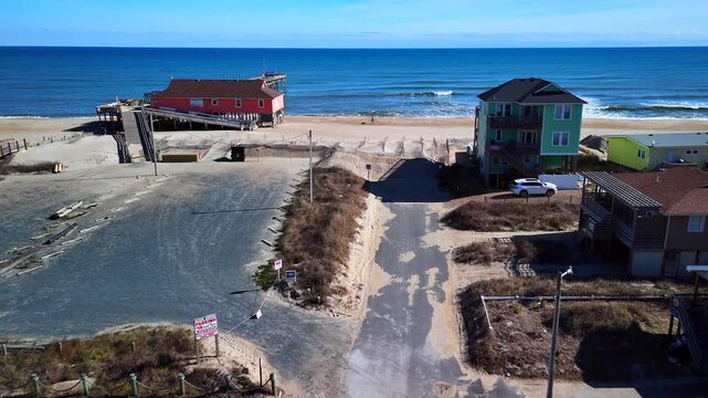 Outer Banks North Carolina Rodanthe Pier and Beach, Walking Dog - 4K Aerial