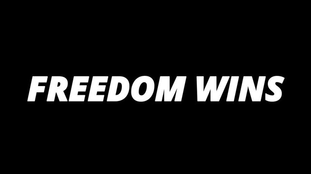 Bold white text declaring freedom wins is dramatically illuminated by vibrant colorful fireworks exploding against a stark black night sky background.