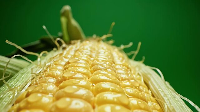 Close-up view of freshly harvested corn on the cob, showing kernels, silk, and husk with green backdrop