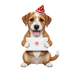 Happy Dog Wearing Party Hat Holding Envelope.