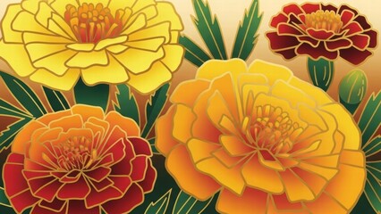 Vibrant Marigold Blossoms: A close-up showcases a collection of marigold blooms in varying shades of orange, yellow, and red, their intricate petals and rich textures brought to life.