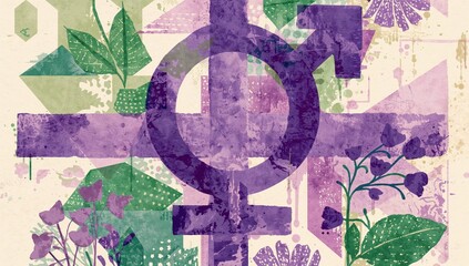 Intertwined gender symbols with floral and geometric patterns