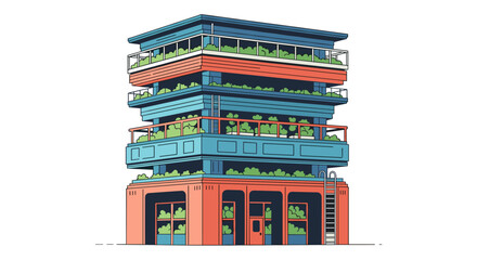 Fototapeta premium A vibrant, modern multi-story building with green balconies, showcasing sustainable urban architecture and eco-friendly design principles.