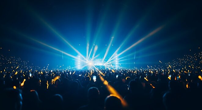 Energetic concert crowd captured from behind, with dazzling blue stage lights radiating beams into the dark arena, illuminated by the vibrant glow of mobile phone screens.