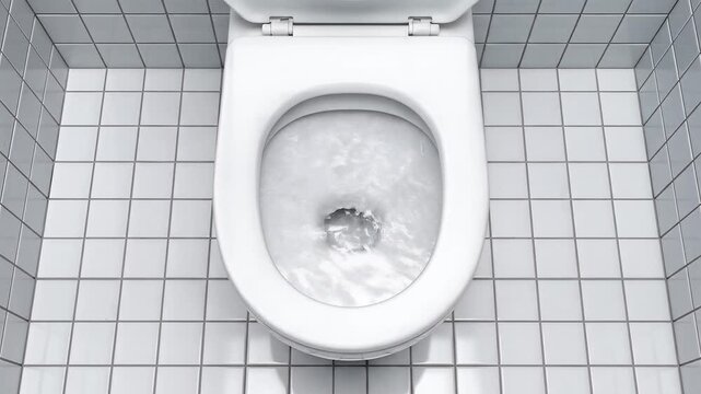 Flushing toilet bowl with swirling water in a clean tiled bathroom, slow motion footage, symbolizing hygiene and cleanliness.