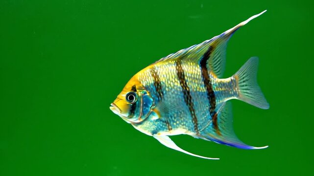 A beautiful angelfish with striking black stripes and yellow accents swims gracefully in a vibrant green aquatic environment.